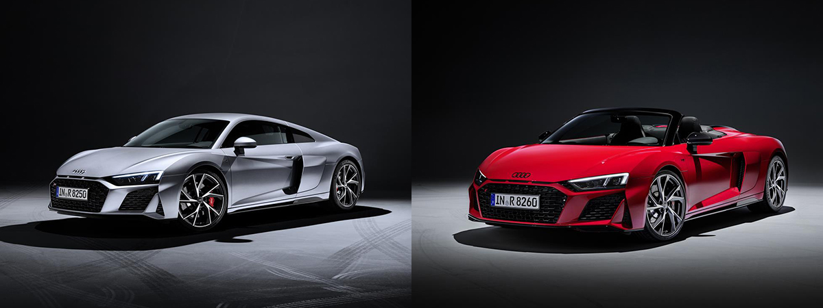 Nuove Audi R8 RWD Coupé e Spyder 2020 vista frontale - automotofoto.it